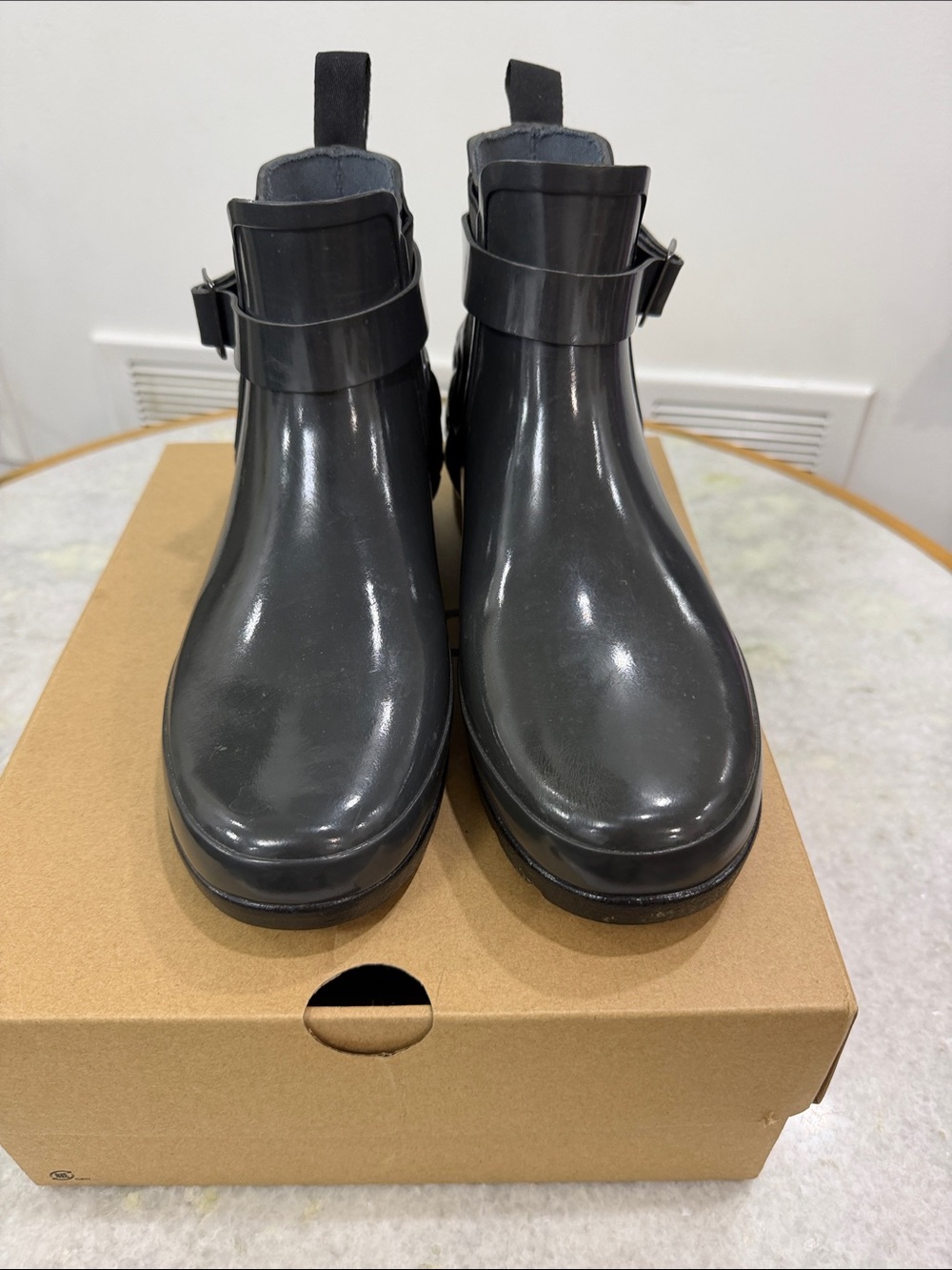 Hunter Glossy Charcoal Chelsea Buckle Rain Booties